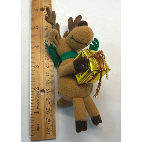 Reindeer Plush Christmas Tree Ornament Holding Gold Gift Box with Green Scarf - Picture 4 of 7